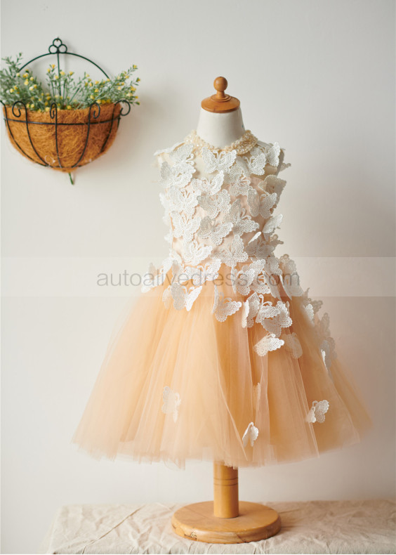 Peter Pan Collar Champagne Tulle Flower Girl Dress With Butterfly Peter Pan Collar Champagne Tulle Flower Girl Dress With Butterfly